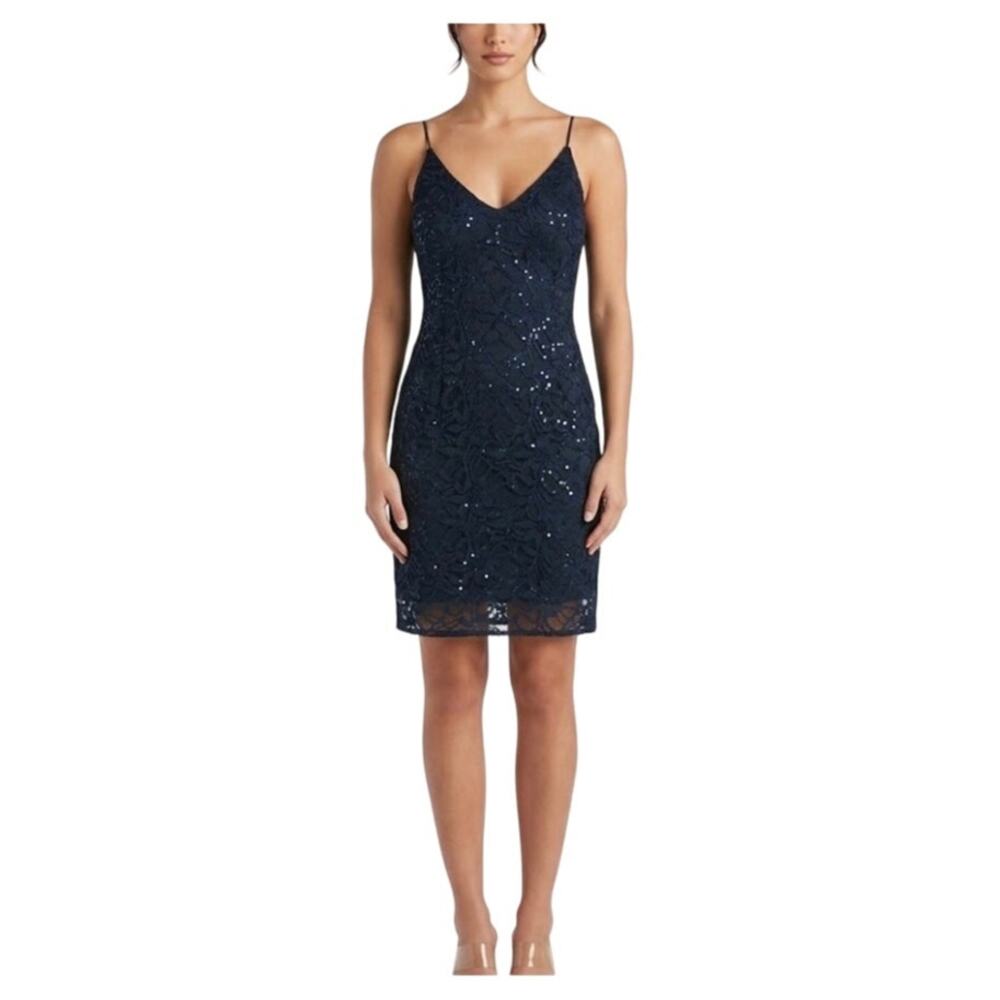AQUA Blue Cocktail Dress Sequined Lace Sleeveless Mini Sheath Size Medium